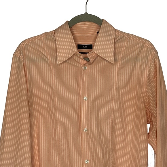 BOSS Hugo Boss Slim Fit Peach Stripe Dress Shirt Tailored European Fit 41/42 L - Picture 3 of 13